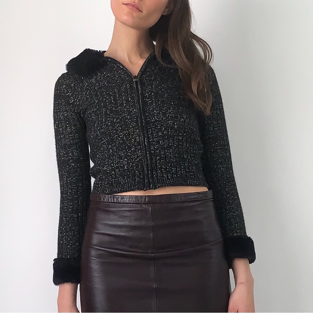 Y2K SPARKLY SWEATER W/FAUX FUR TRIM